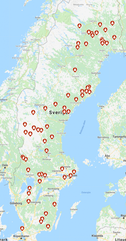 Karte von Schweden mit Waldbrand-Markierungen